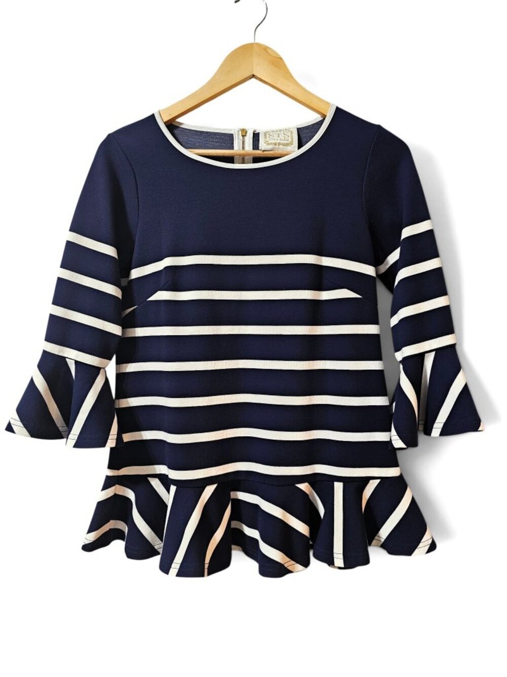 Sail to Sable Navy Stripe Bell Sleeve Peplum Top Size Small